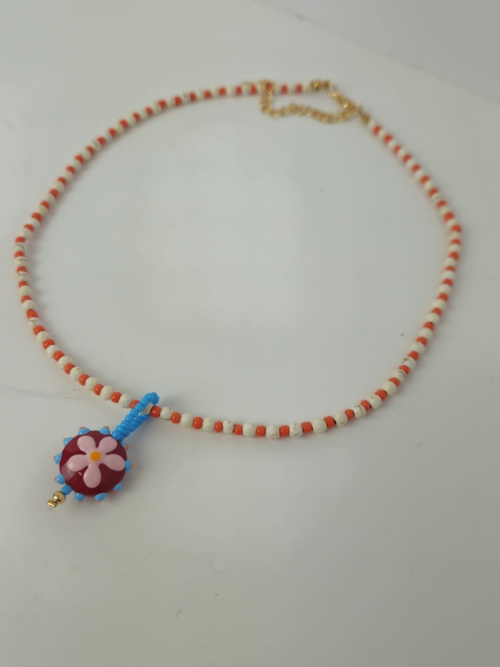 Jewelry - Hand Painted Floral Pendant With Beaded Necklace